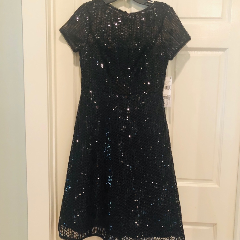 NWT Adrian Mattox black sequin medi dress